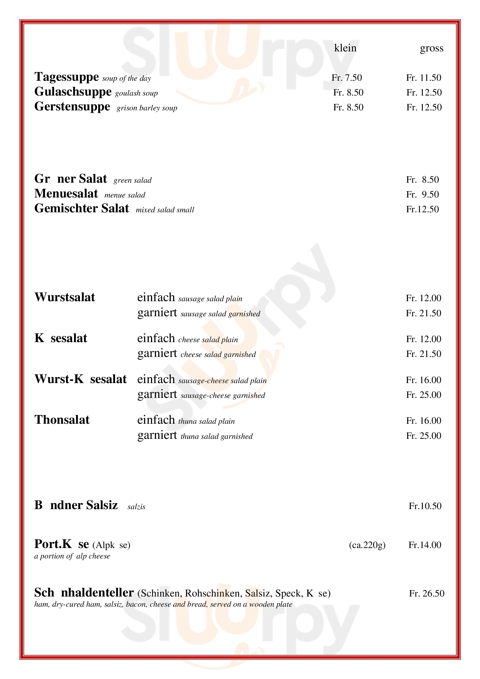 Berghotel Schonhalden Flums Menu - 1