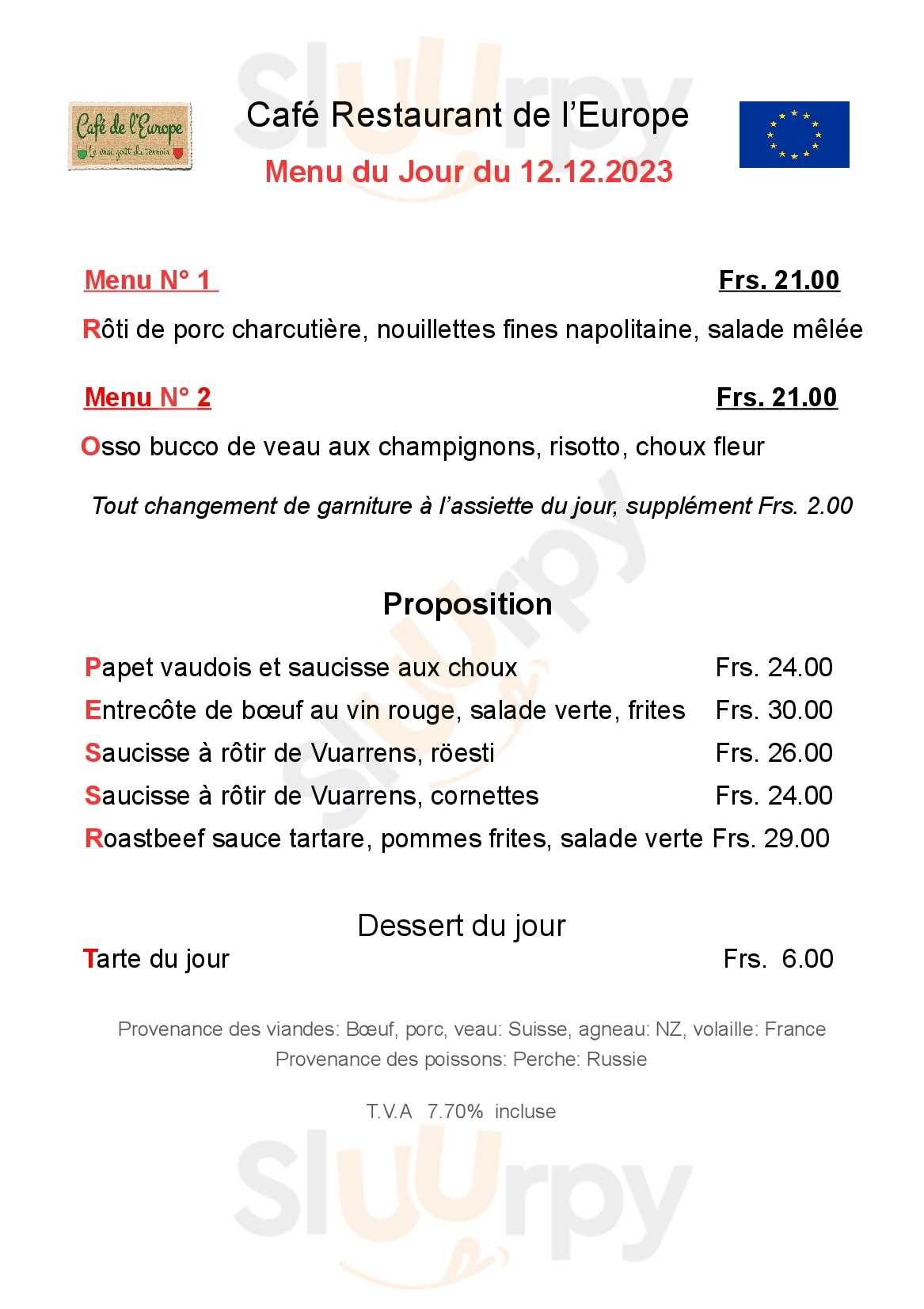 Cafe De L'europe Lausanne Menu - 1