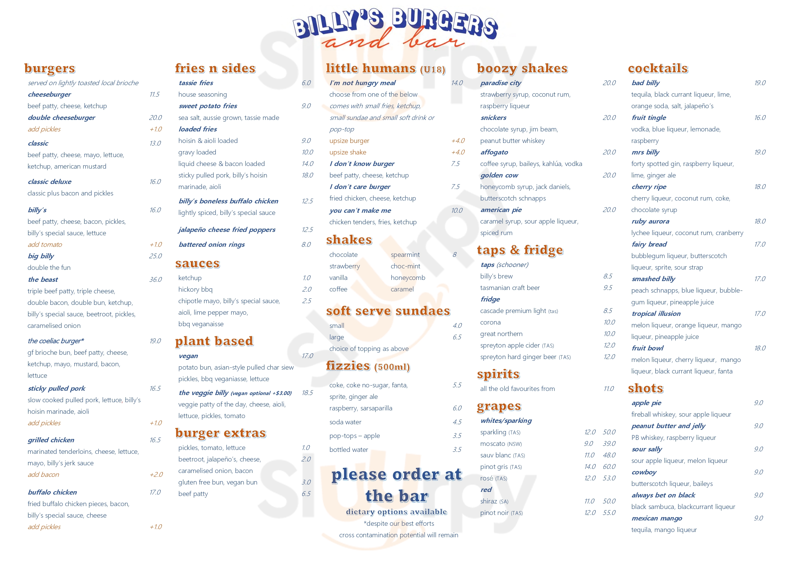Billy's Burgers And Bar Hobart Menu - 1