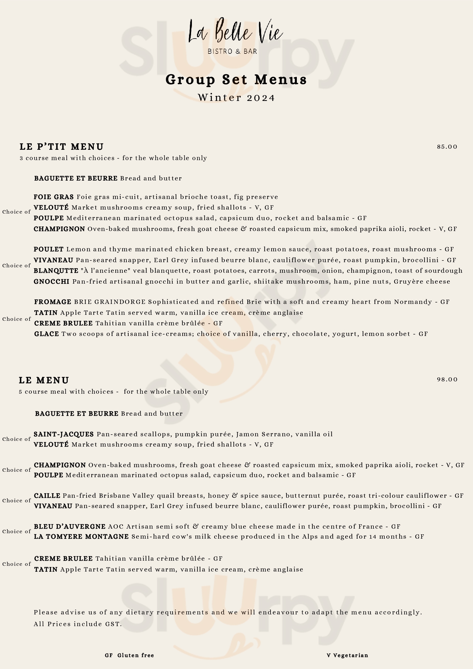 Main Menu - La Belle Vie Bistro