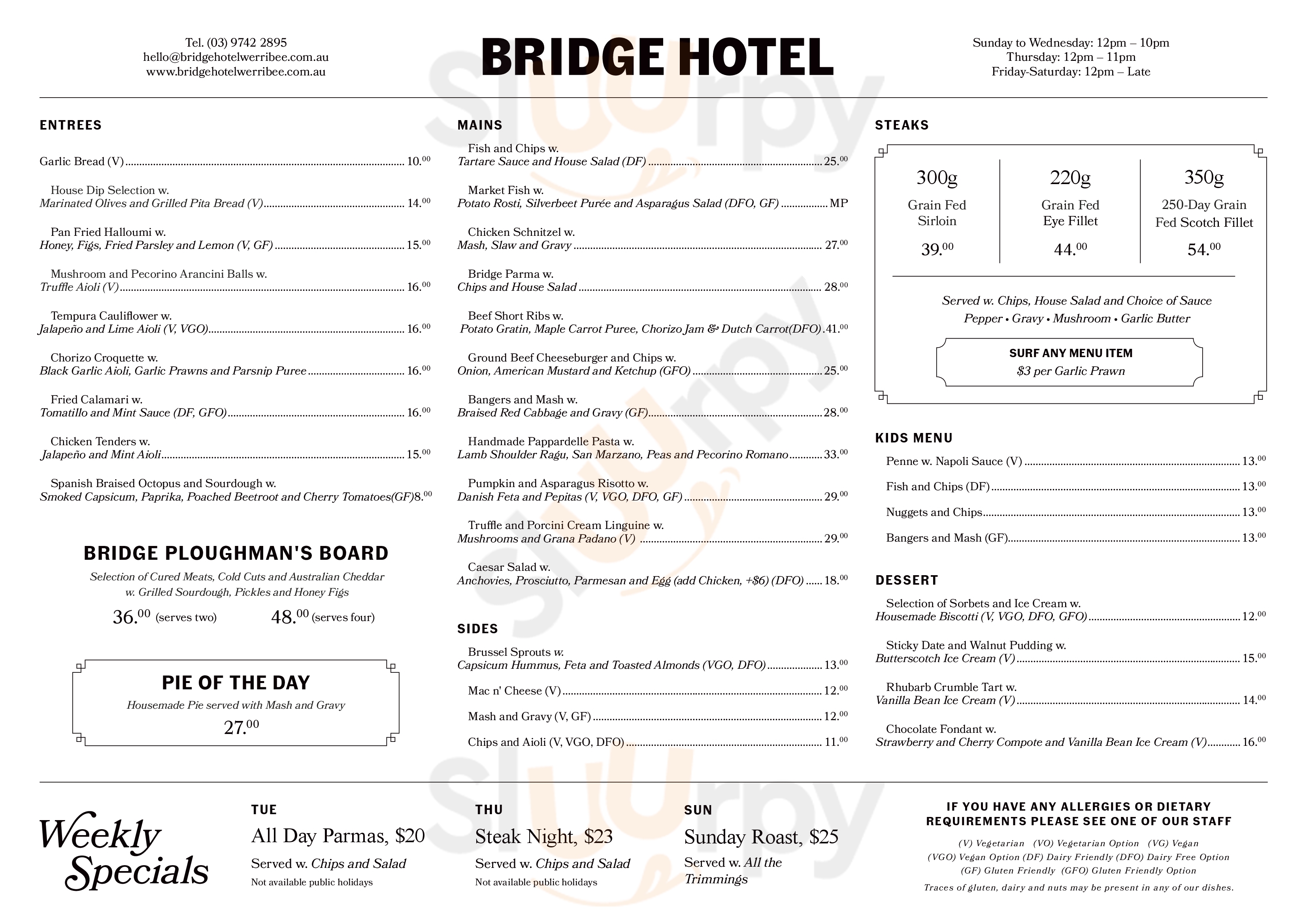 Main Menu - The Bridge Hotel