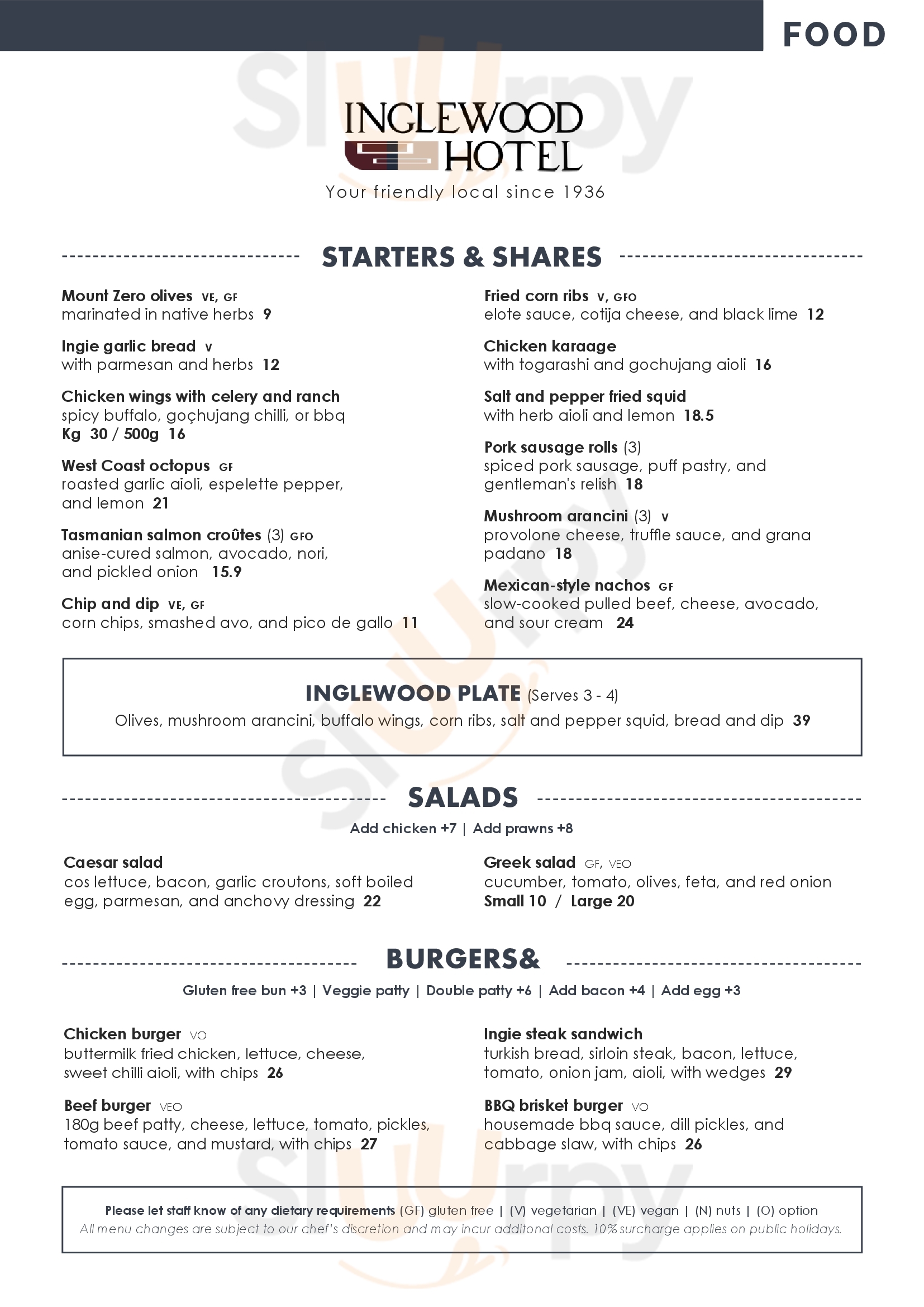 Main Menu - Inglewood Hotel