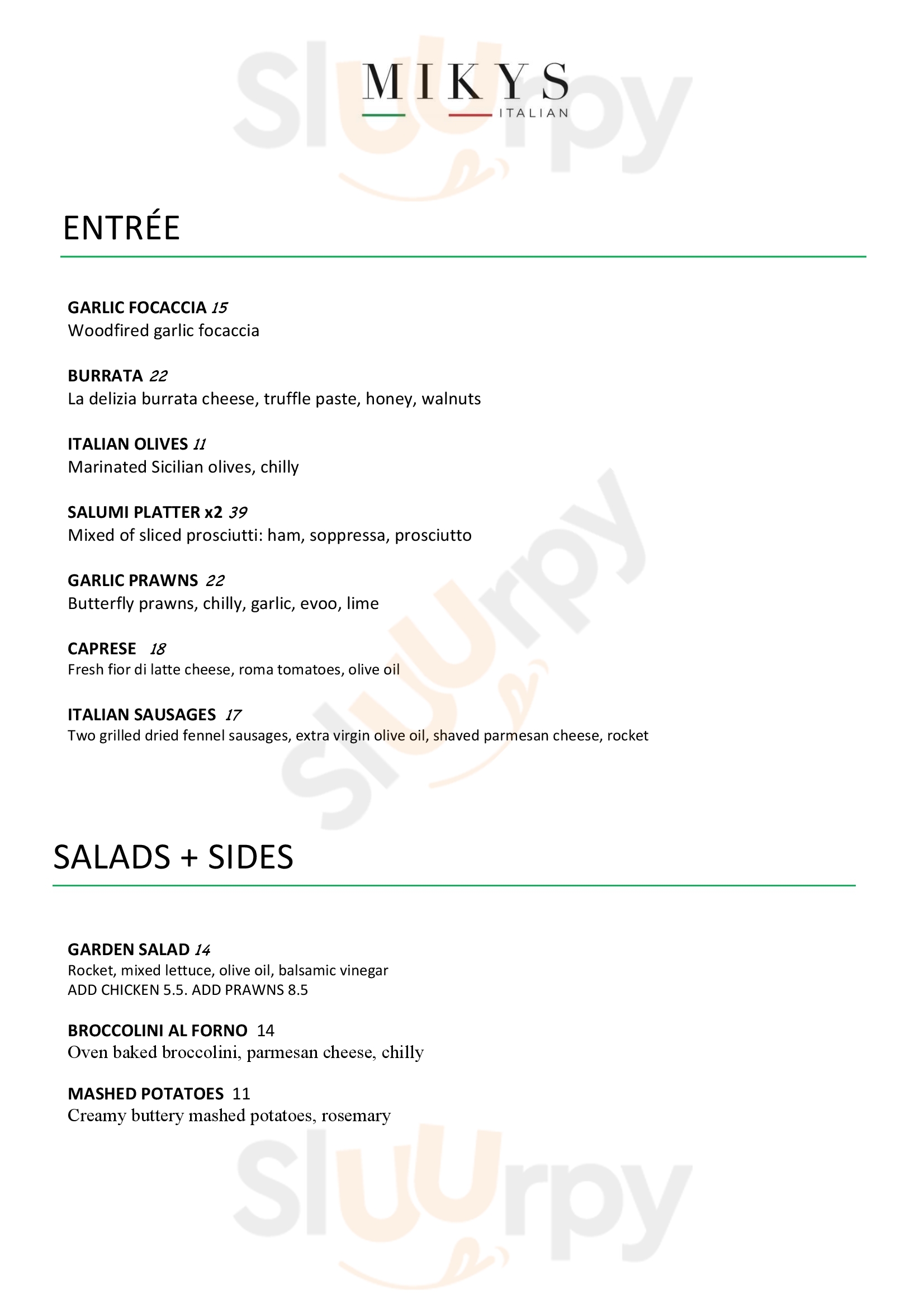 Main Menu - Mikys Italian