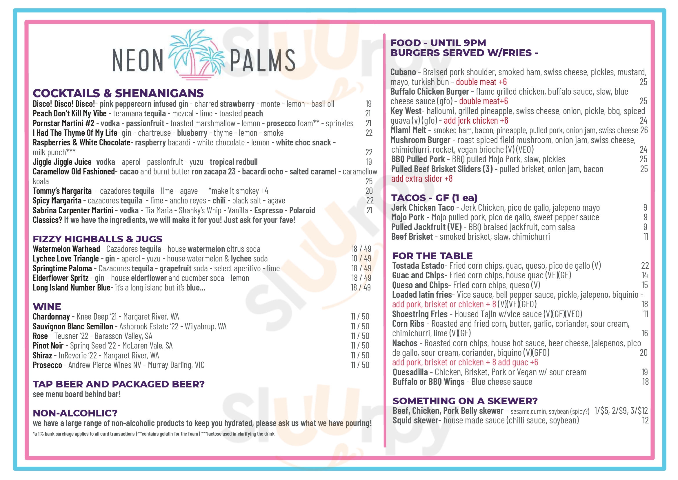 Neon Palms Perth Menu - 1