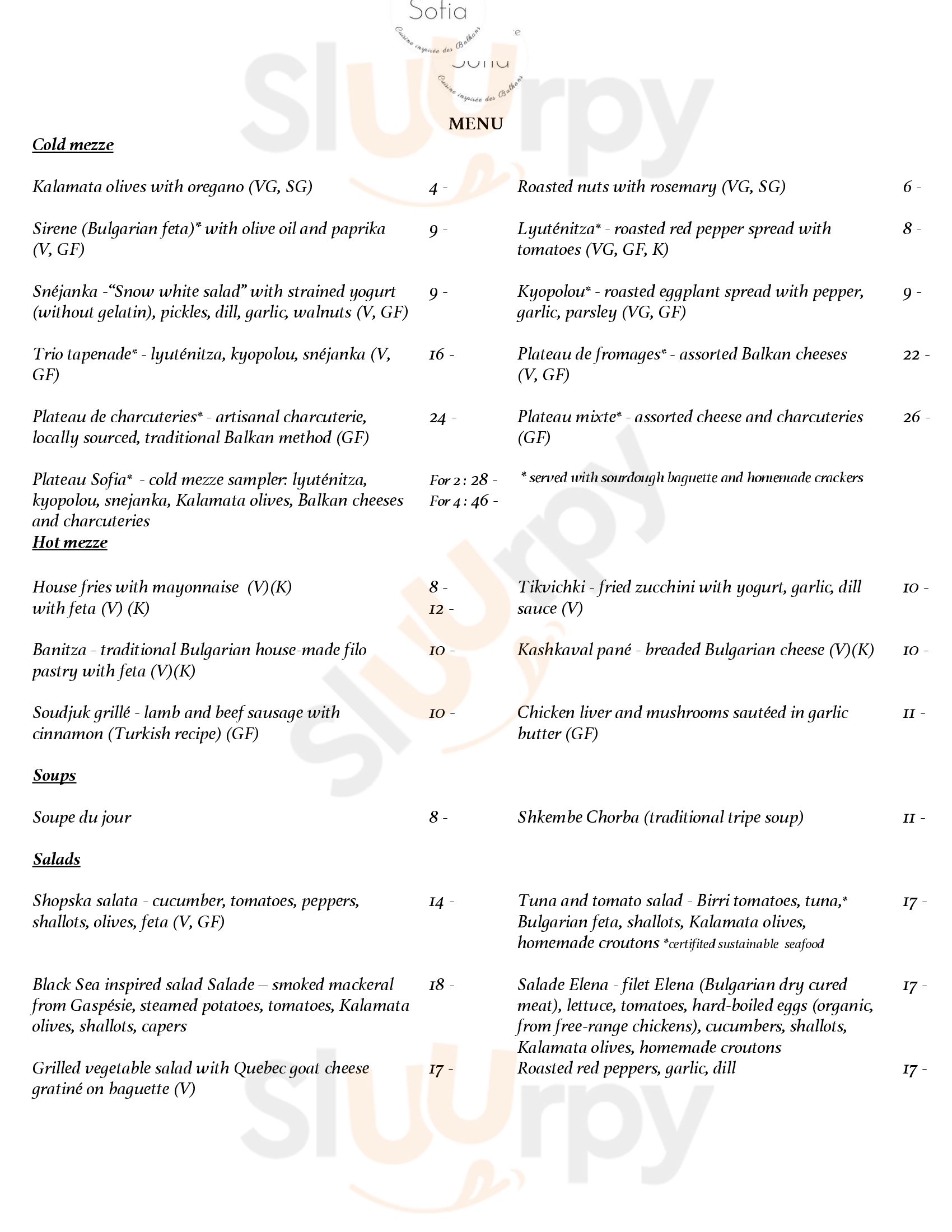 Main Menu - Bistro Sofia