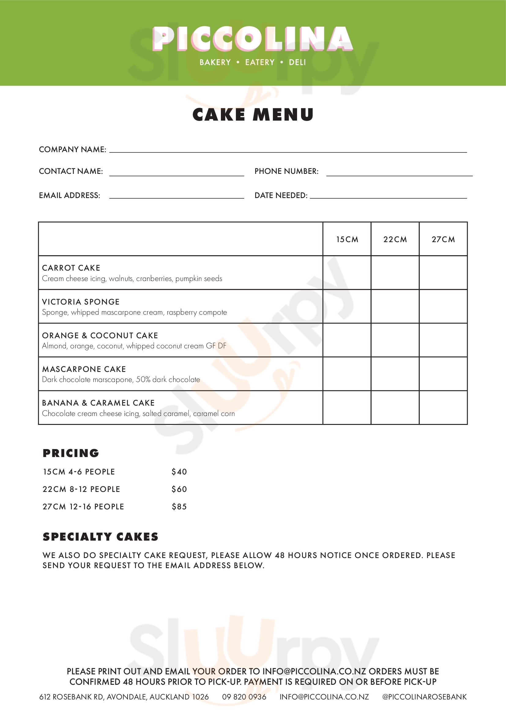 Piccolina Avondale Menu - 1