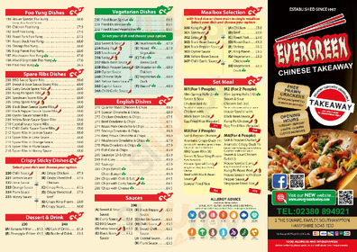 Evergreen deals chinese menu