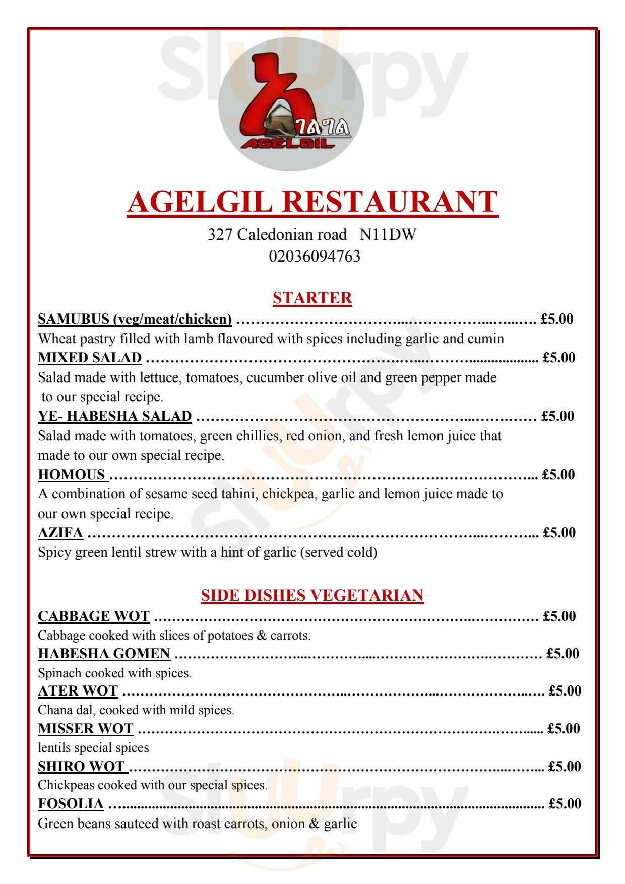 Agelgil Ethiopian Resturant London Menu - 1