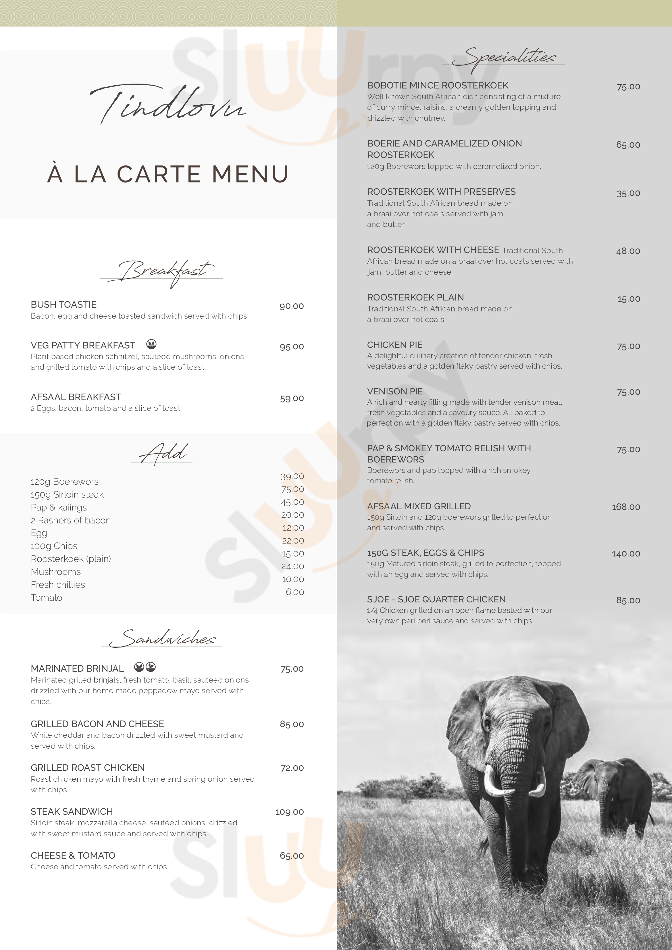 Tindlovu Olifants Kruger National Park Menu - 1