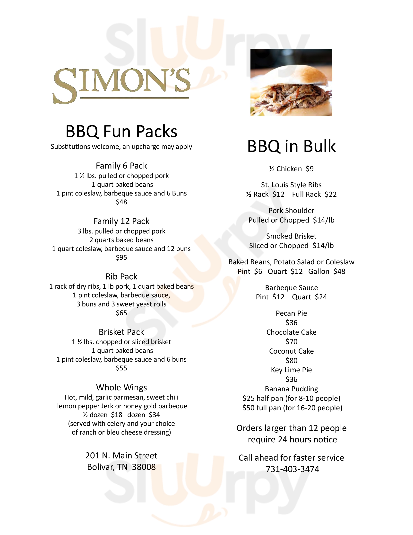 Simon's Bolivar Menu - 1