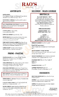 Rao's Restaurant menu